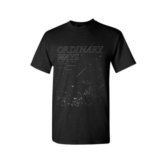 Black T-shirt with "Ordinary Ways," some lyrics, and a galaxy printed on the front.